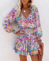 Vestido Mini De Mujer Primavera Moda Con Estampado Floral Manga Larga Cuello V Estilo Casual Vestido De Manga Farol Con Volantes Cintura Ajustada - details 8