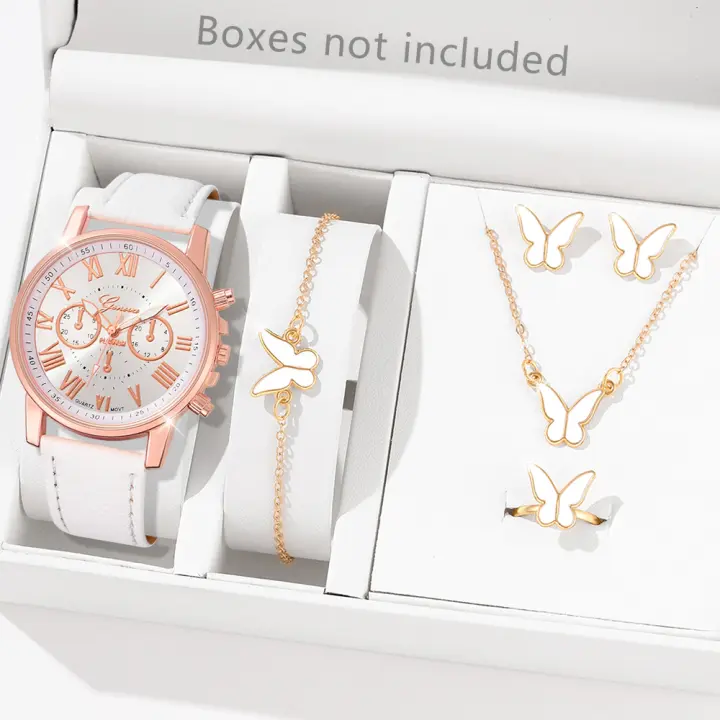 Set De 6 Relojes De Pulsera De Cuarzo Para Mujer Blanco Estilo Romano Digital Con Joyería De Mariposa Regalo Para Mamá - 1