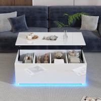 Moderna Mesa de Centro Blanca DE ALTO Brillo con iluminación LED y almacenamiento Oculto-Mesa Auxiliar con desplazamiento hidráulico, 100*50*35 cm, 40 kg de carga - details 1