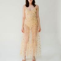 Vestido Sin Mangas De Encaje Con Estampado De Estrella Para Mujer Vestido De Playa De Verano Con Cuello En V Y Tirantes Ajustado Al Cinturón Largo Hasta La Rodilla - details 2