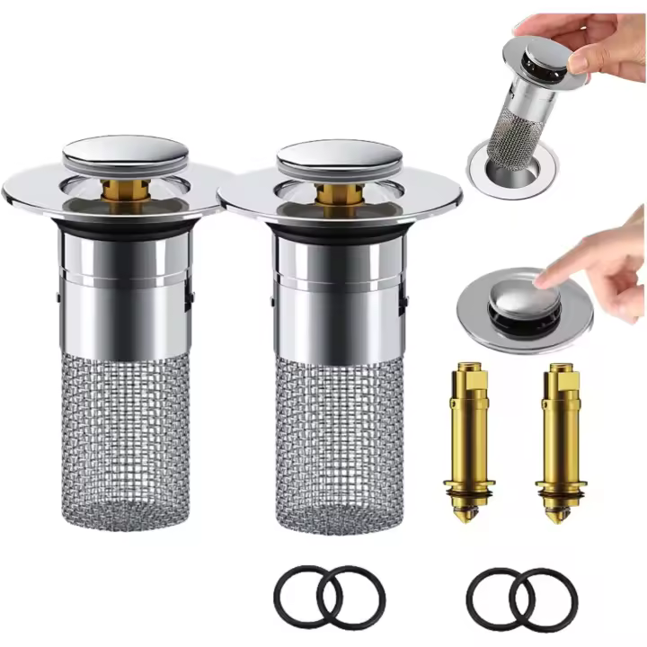 Timnamy Desagüe, colador de desagüe para fregadero emergente, baño, desagüe para bañera, recogedor de pelo, con cesta de filtro extraíble, colador universal de acero inoxidable para tapón de desagüe de piso (2 unidades) - 1