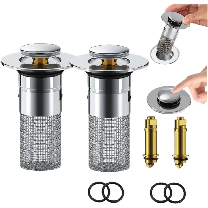 Timnamy Desagüe, colador de desagüe para fregadero emergente, baño, desagüe para bañera, recogedor de pelo, con cesta de filtro extraíble, colador universal de acero inoxidable para tapón de desagüe de piso (2 unidades) - 1