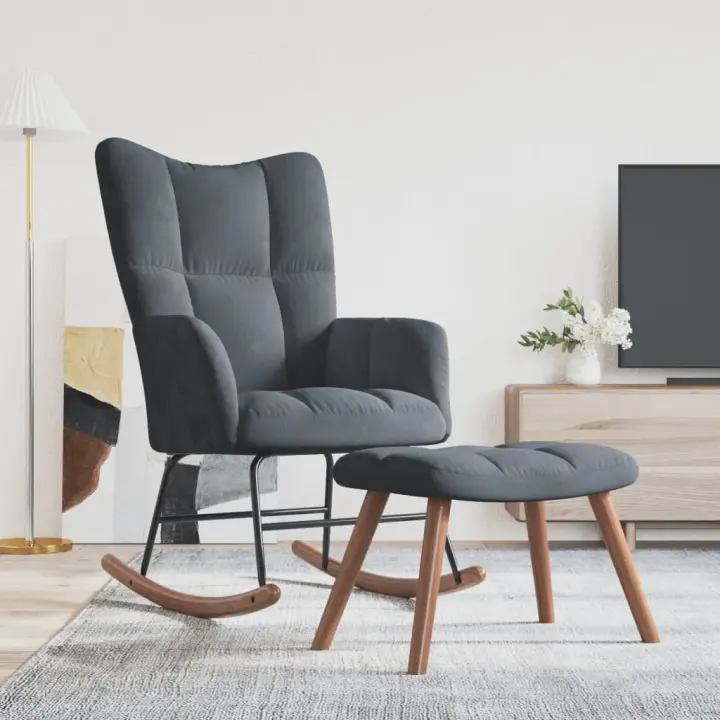 vidaXL Silla mecedora con reposapiés terciopelo gris oscuro - 1