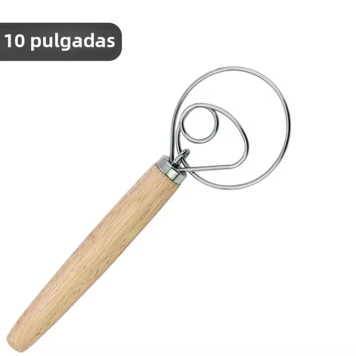 Batidor De Harina Danés De 10 Pulgadas Acero Inoxidable Con Mango De Madera Herramientas De Cocina Para Panadería Y Repostería - 1
