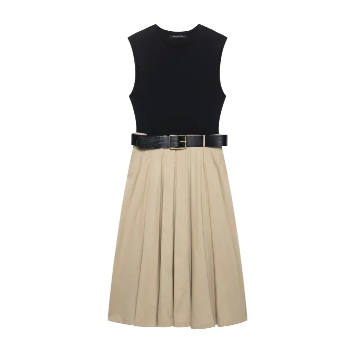 Vestido Largo Patchwork De Moda Para Mujer TRAFZA Verano Casual Cuello Redondo Sin Mangas Pleated Con Cinturón Elegante Vestidos - 1
