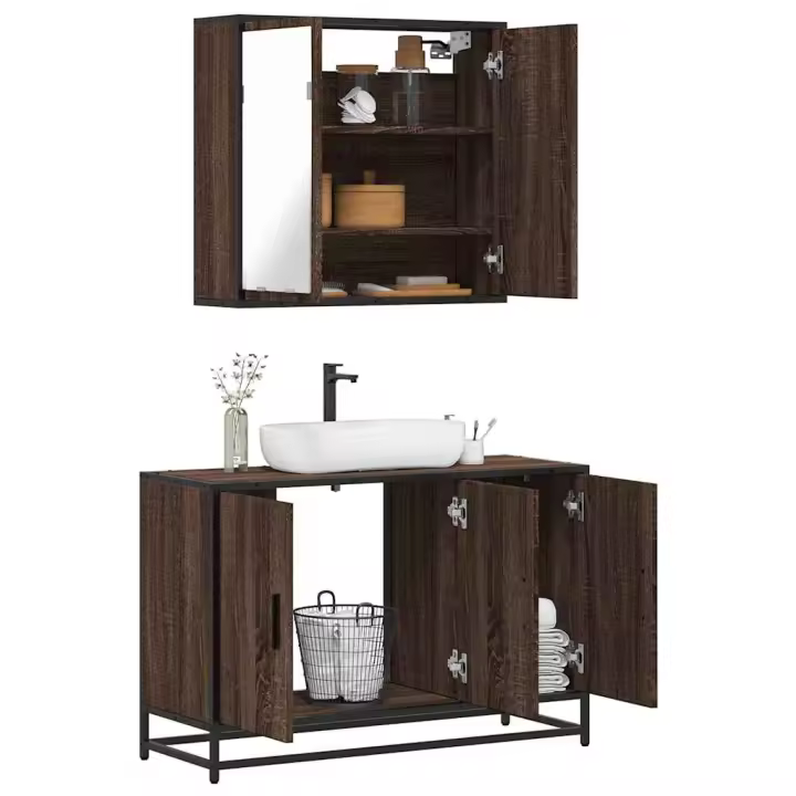vidaXL Set de muebles de baño 2 pzas madera contrachapada en color Gris sonoma/Roble Sonoma/Marrón roble y más | almacenamiento funcional diseño moderno para baño dormitorio sala - 1