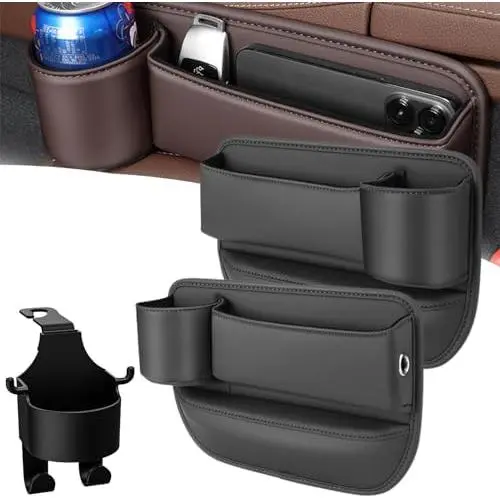Bolsa para espacio de portavasos de cuero para automóvil, bolsa para espacio para portavasos de cuero para automóvil, caja de almacenamiento para asiento de automóvil con portavasos, almacenamiento para asiento de automóvil (negro, mixto) - 1