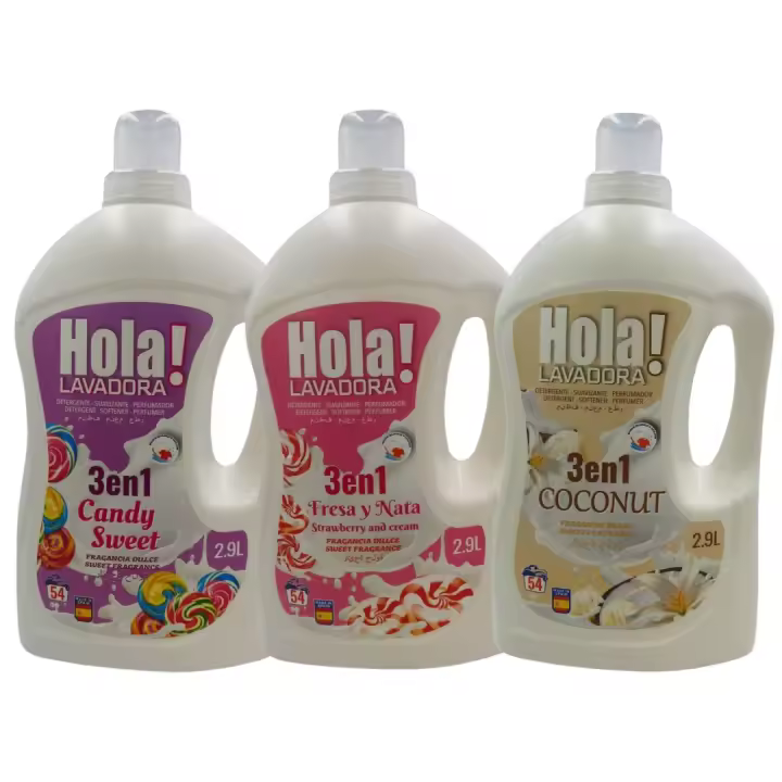 DETERGENTE HOLA LED LAVADORA 3 EN 1, EL DETERGENTE MAS VITAL EN PACK DE 3 - Candy Sweet + Coconut + Fresa y Nata - combina las funciones de detergente, suavizante y perfumador. Apto para prendas blancas y de color ahorra comprando 3 para probar todos adsa - 1