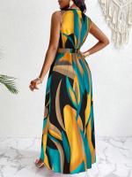 Vestido De Mujer De Cuello V Sin Mangas De Largo Suelo Con Impresiones Abstractas Para Ocasiones Casuales Y De Playa - details 2