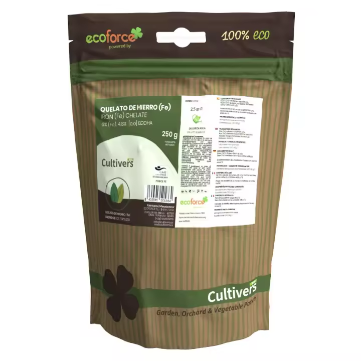 CULTIVERS Quelato de Hierro 250 g. Corrector Ecológico de Hierro para Plantas. Reverdeciente  (6% Fe-EDDHA orto orto 4,8 %) - 1