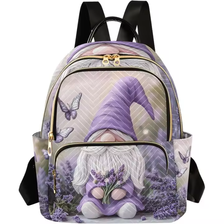 Mochila de moda con diseño de mariposas y gnomos morados para mujer, bolso de hombro ligero de viaje, bolso informal para el día a día, bolso de señora para el trabajo universitario. - 1