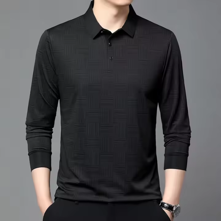 Camisa Polo Para Hombre De Color Sólido Casual Manga Larga Transpirable Cómoda Versátil Top Moda Negocios - 1