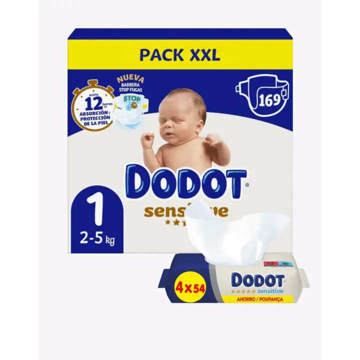 Dodot Pack Pañales y Toallitas Sensitive - Disponible en Talla 1, 2 y 3 - 1