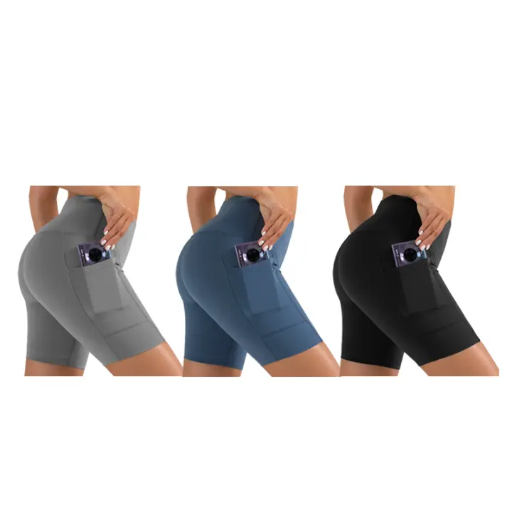 FREES COPES Pack Ahorro 3 Piezas Pantalones Cortos de Yoga Sin Costura Cintura Alta Elásticos Caderas Levantadas Negros + Grises + Azules - 1