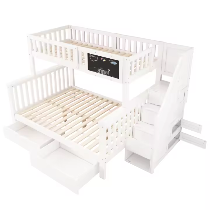 Litera Infantil Doble Función - Cama Superior 90x200 + Cuna Multifunctional 140x200 (Convertible en Estudio) with Pizarra, Cajones de Estira y Diseño Blanco Moderno - Sin Colchón - 1