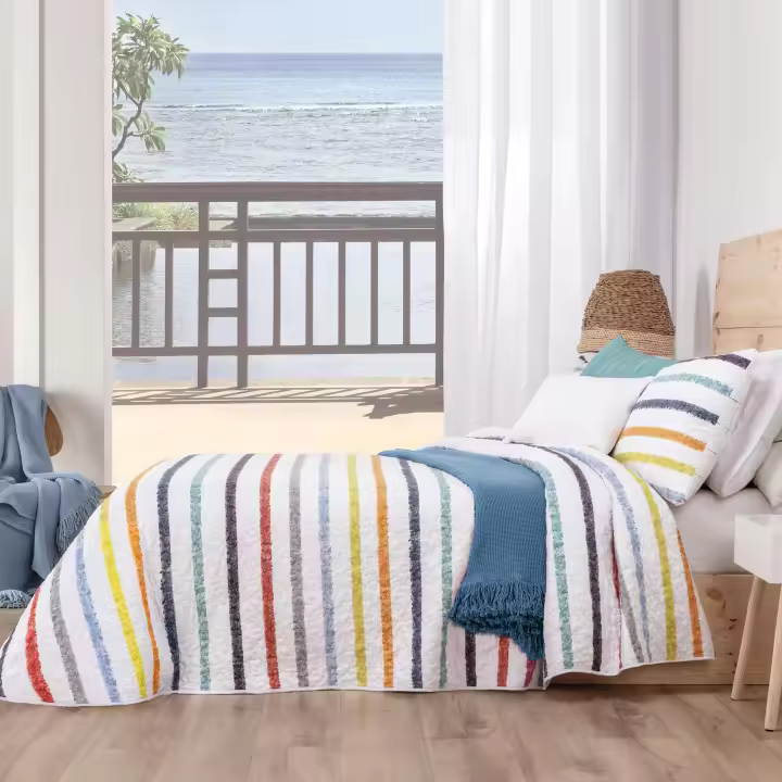 Manterol - Colcha bouti reversible estampado geométrico cuadros y rayas con fundas de cojín. Cubrecama ideal para primavera, verano y entretiempo. Colcha fina, extra suave y ligera. - 1