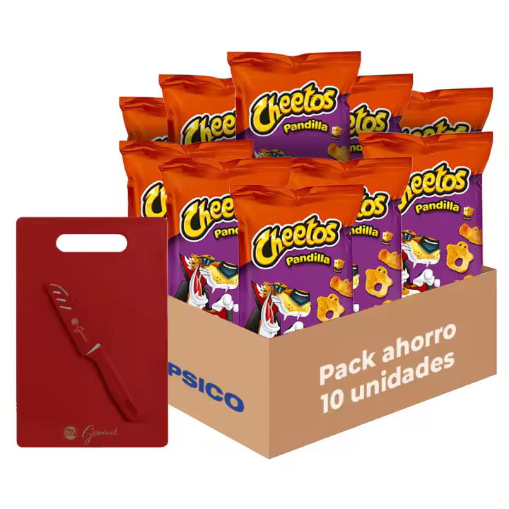 Pack Regalo Cheetos Pandilla - Snack Crujiente Frito con Sabor a Queso, Pack Regalo de 10 Bolsas del Delicioso e Irresistible Aperitivo de Patata de los Fantasmas Más Divertidos, Total: 10 x 75g = 750 g + Tabla de Cortar y Cuchillo - 1