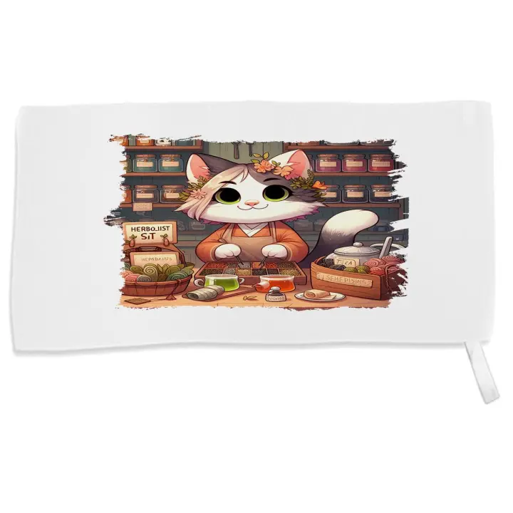 MERCHANDMANIA TOALLA PEQUEÑA ABSORBENTE gato herbolista animal profesion herbolisteria suave personalizada con cinta elastica - 1