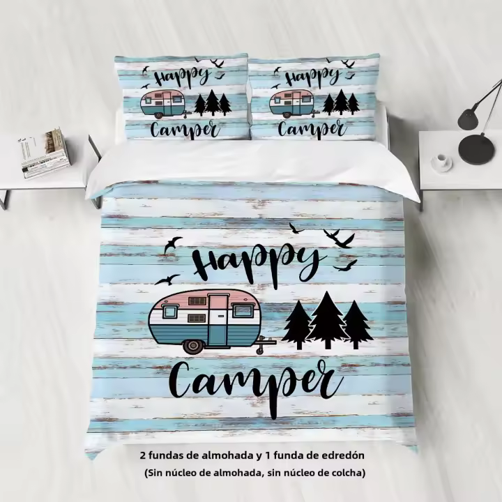 Juego De Cama 3 Piezas 'Happy Camper' Estampado Para Adolescentes Y Adultos Adecuado Para Dormitorio Y Camping Funda De Edredón Y 2 Fundas De Almohada 100% Poliéster 90gsm - 1