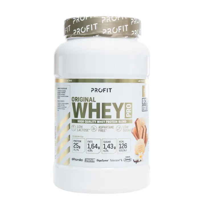 PROFIT - Original WheyPRO -  1 Kg -  Concentrado de proteína de suero de leche - Sabor a elegir - Calidad Promiko - Alto en BCAA, glutamina y aminoácidos esenciales. Con enzimas digestivas - 1