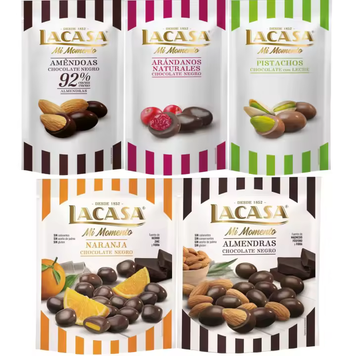 Lacasa Mi Momento pack de 5:Arándano  Negro 60 G,Pistacho  Leche 50 G,Almendra 92% 65 G,Almendra  Negro 125 G,Naranja  Negro 125 G - 1