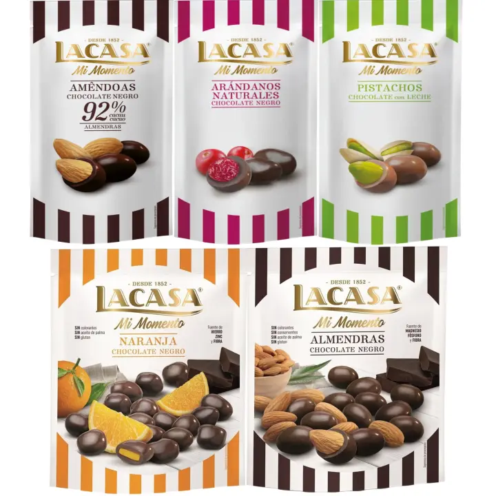 Lacasa Mi Momento pack de 5:Arándano  Negro 60 G,Pistacho  Leche 50 G,Almendra 92% 65 G,Almendra  Negro 125 G,Naranja  Negro 125 G - 1