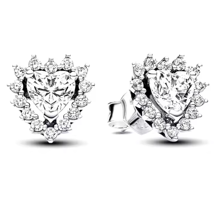 Pandora Pendientes de Botón en Plata de Ley Halo de Corazón Brillante 293097C01，Incluye Caja Original - 1