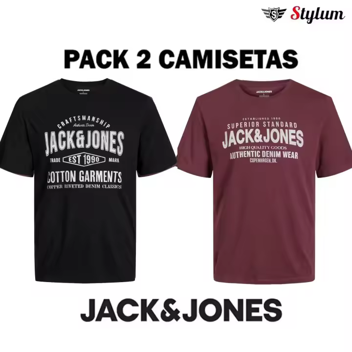 Jack & Jones Hombre Pack 2 Camisetas de Algodón Logo estampado Ajuste Standard  Moda Casual Informal Primavera Verano - 1