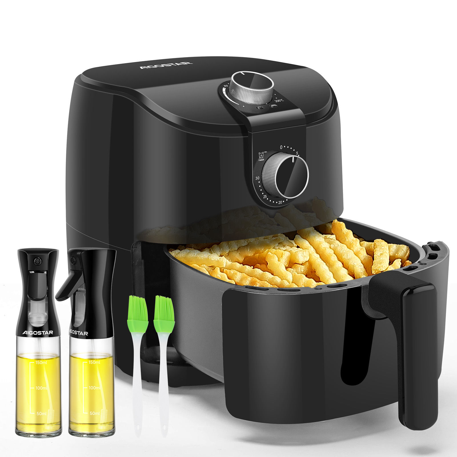 Combo Freidora de Aire 1500W 4L + 2 Pulverizadores Aceite Spray Cristal, BPA-Free, temperatura de 80-200℃, temporizador de 30 Min, AIGOSTAR