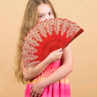 Abanico Plegable Antiguo Chino Para Mujer En Plástico Decoración Japonesa Para El Hogar Negro Rojo Boda Fiesta Danza - details 5