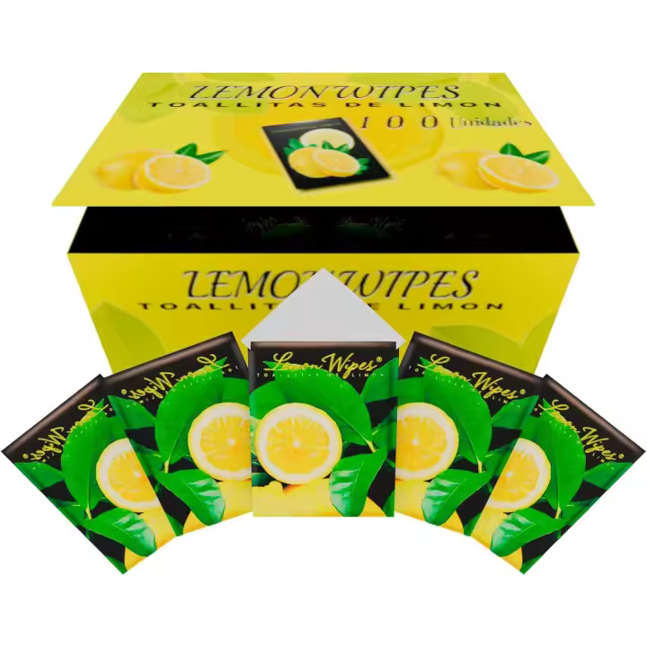 Santex Toallitas de limón refrescantes para manos, Toallitas elimina olores de marisco, pescado, carne y suciedad. Sobres individuales, húmedas y con fragancia a limón. Uso domético y profesional de la hostelería - 1