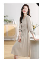 EVNISI Vestido Elegante Para Mujer En Caqui Con Cuello V Y Botones Slim Para Oficina Manga Larga A-line Casual Para Fiesta - details 8