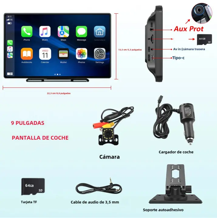 Estéreo De Coche Portátil Con Pantalla Táctil IPS De 9'' Wi-Fi Carplay Android Auto FM AM RDS Pantalla HD Para Medios De Películas - 1