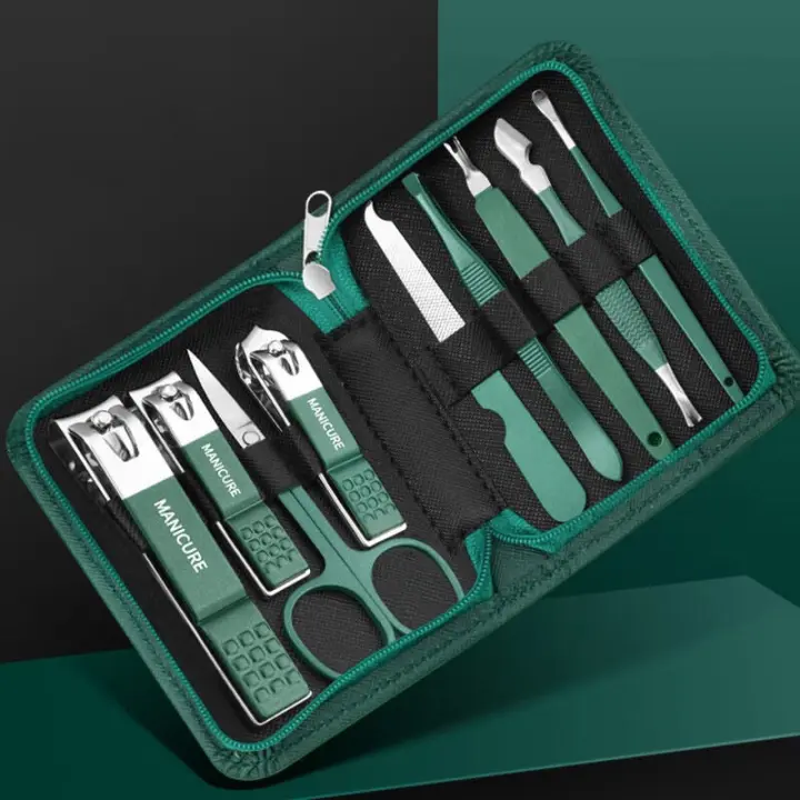 Set De Manicura Profesional Verde Con 9 Piezas Y Estuche De Cuero Herramientas Para Cuidado Del Pies Y Cara Corte De Uñas Con Acero Inoxidable Regalo - 1