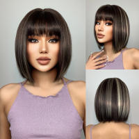 Pelucas Sintéticas Cortas Rectas Para Mujeres Negras Color Marrón Oscuro Con Franja Cosplay Natural Peluca Resistente Al Calor Para Uso Diario - details 6