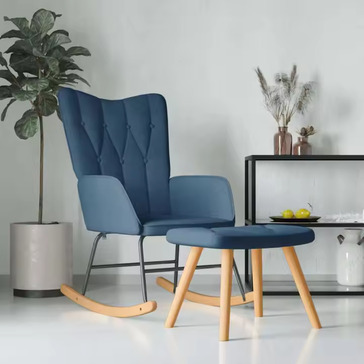 vidaXL Silla mecedora con reposapiés tela azul - 1