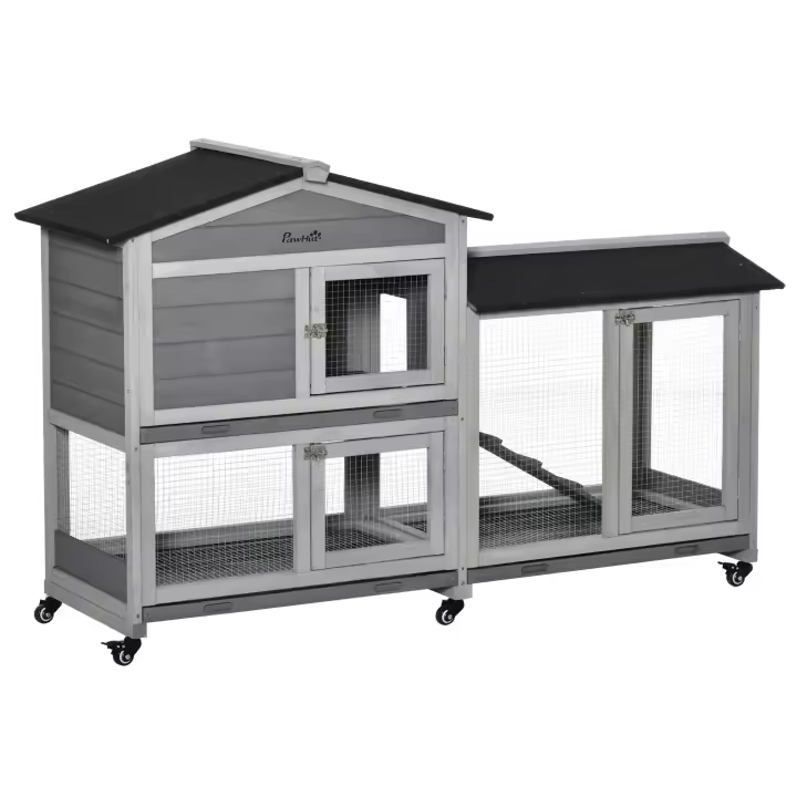 PawHut Conejera de Madera 157,4x53x99,5 cm Jaula para Conejos Grande con Ruedas Techo Asfáltico Bandeja Extraíble y Rampa para Exterior - 1