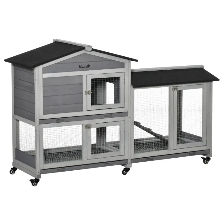 PawHut Conejera de Madera 157,4x53x99,5 cm Jaula para Conejos Grande con Ruedas Techo Asfáltico Bandeja Extraíble y Rampa para Exterior - 1