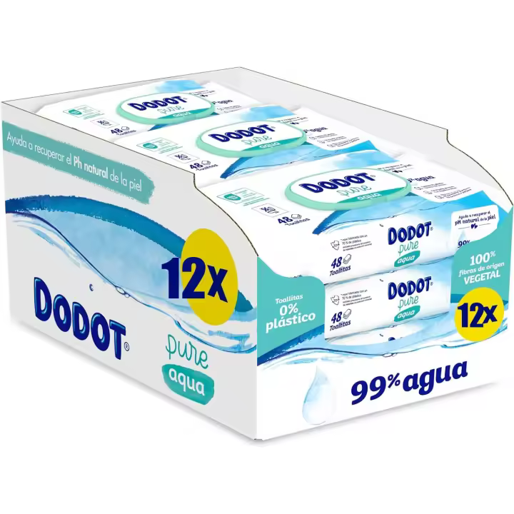 Dodot Toallitas Pure Aqua para Bebé, 99% Agua, 576 Toallitas, 12 Paquetes (12 x 48) de Toallitas para Bebé (formato de duplo) - 1