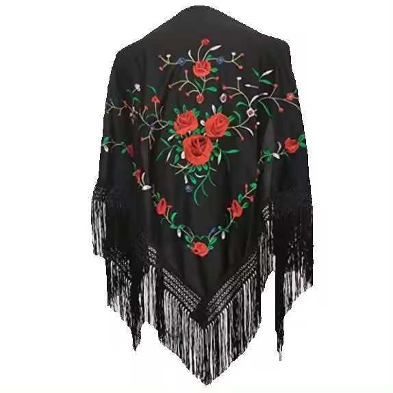 Mantón pico mediano triangular de flamenco o sevillanas (150X70cm) Negro bordado Rojo/verde anuka - 1