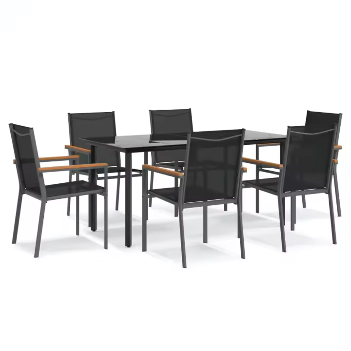 vidaXL Juego de comedor para jardín 7 piezas acero y textilene negro - 1