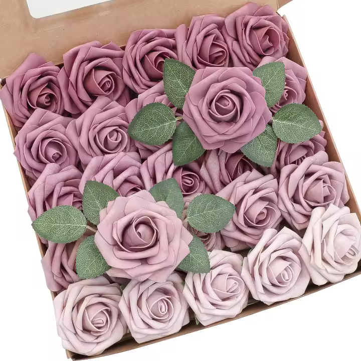 25pcs Flores Artificiales De Ombre Mauve Realistas Con Ramas Rosas Falsas Para DIY Arreglo De Boda Showers Decoración De Hogar - 1