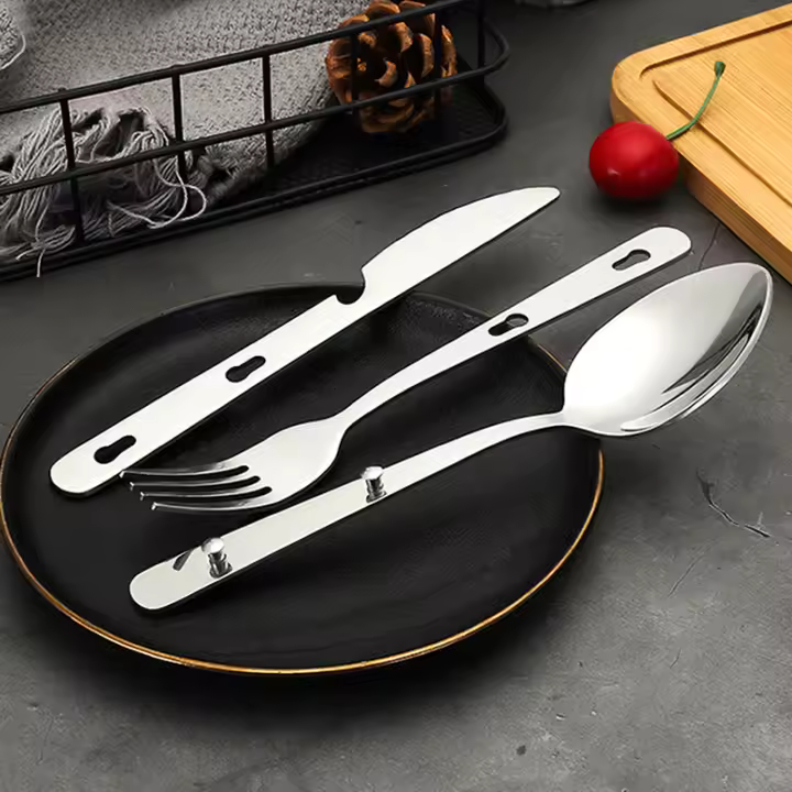 Set De 3 Piezas De Utensilios De Acero Inoxidable Plegables Para Camping Y Cocina Incluye Cuchillo Cuchara Y Vaso No Desechables - 1