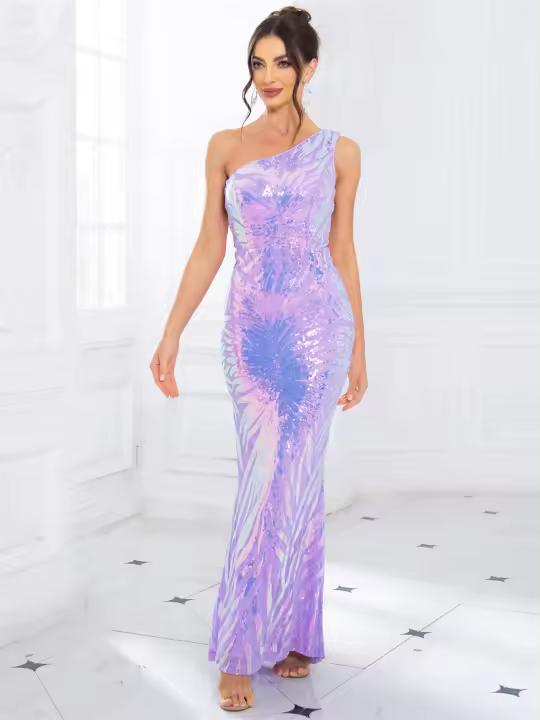 Vestido De Fiesta Romagic De Encaje Con Flor Y Lentejuelas De Hombro Solo Vestido De Noche Para Mujer Sin Mangas Elástico De Espalda Descubierta Longitud Del Piso Para Bodas Y Fiesta - 1