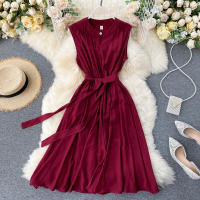 Vestido De Mujer YuooMuoo Estilo Coreano Verano 2025 Casual Sólido Sin Mangas Cinta Bandage Negro Vintage Elegante Vestido Midi O-Neck - details 5