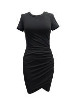 Vestido Corto De Mujer Con Mangas, Estilo Camiseta, Pleated, Cómodo Y Moda, Adecuado Para El Uso Diario, Silueta Elegante, O-Neck, Rodilla-Longitud - details 6