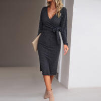 Vestido Largo De Encaje Solido Para Mujer Embarazada Con Cuello En V Y Mangas Largas Abrazador De Cintura Para Invierno Ropa Casual De Polyester Y Spandex - details 14
