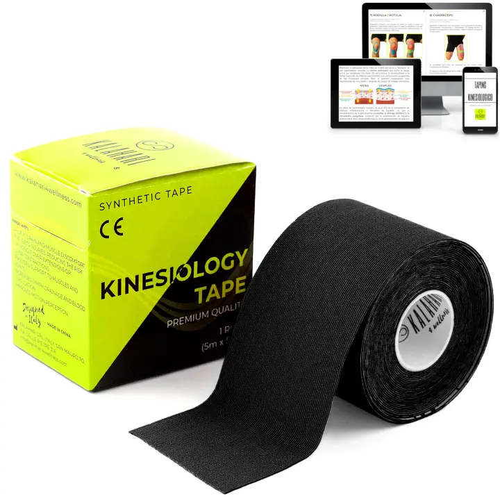 KALAHARI 1 X Rollo Cinta Kinesiologica Profesional más E-Book Manual Aplicación en Español - Synthetic Kinesiology Tape para una mejor adhesión y Resistencia al Agua y al Sudor - (5cm x 5m) - 1