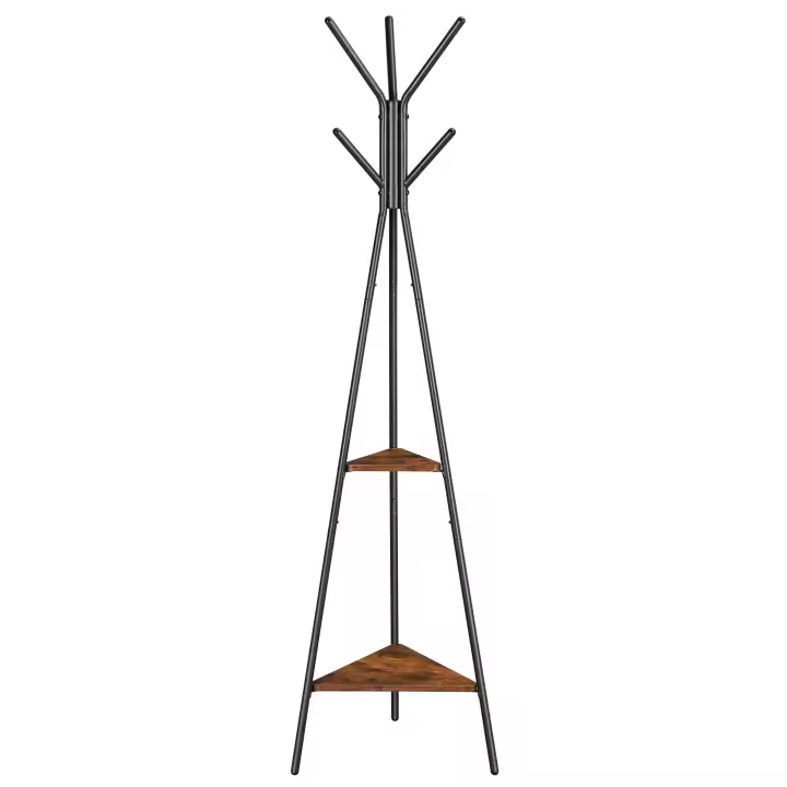 VASAGLE Perchero de pie, perchero, mueble de entrada, estilo industrial, con 2 estantes, para ropa, sombreros, bolsas, marrón rústico y negro - 1