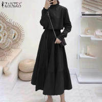 Vestido Largo Elegante ZANZEA Para Mujer Con Cuello Alto Y Volantes Color Sólido Ropa Casual Vestidos De Fiesta De Navidad Y Cumpleaños - details 5
